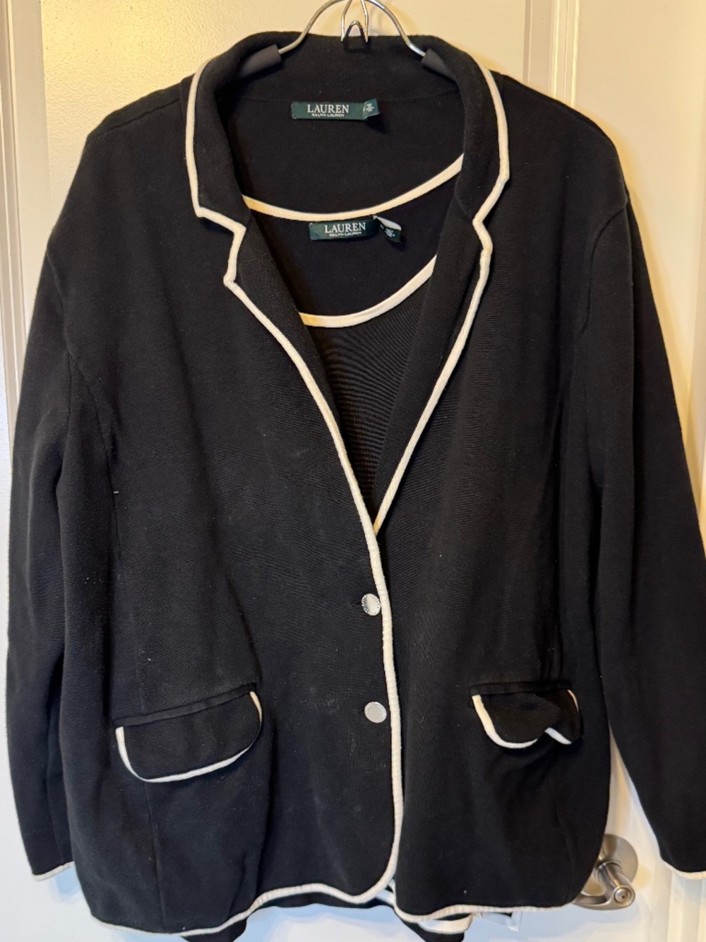 Lauren Ralph Lauren Black Sweater Blazer Jacket 3X White Trim Cotton Blend